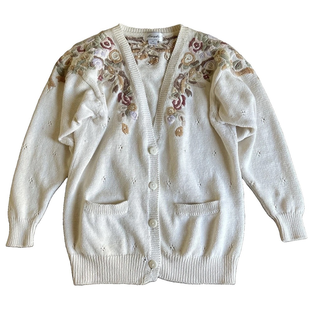 Vintage Floral Embroidered Cardigan Sweater Ivory M Long Floral Granny Core